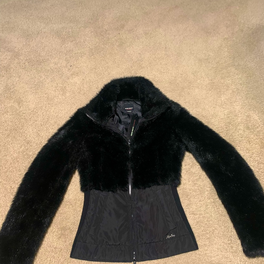 New Miss Sixty Collection Faux Fur Logo Cinched Waist Jacket Coat NWT